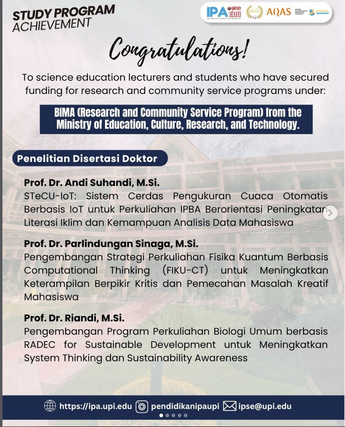 Science Education UPI Secures Multiple National Research and Community Service Grants under BIMA Program